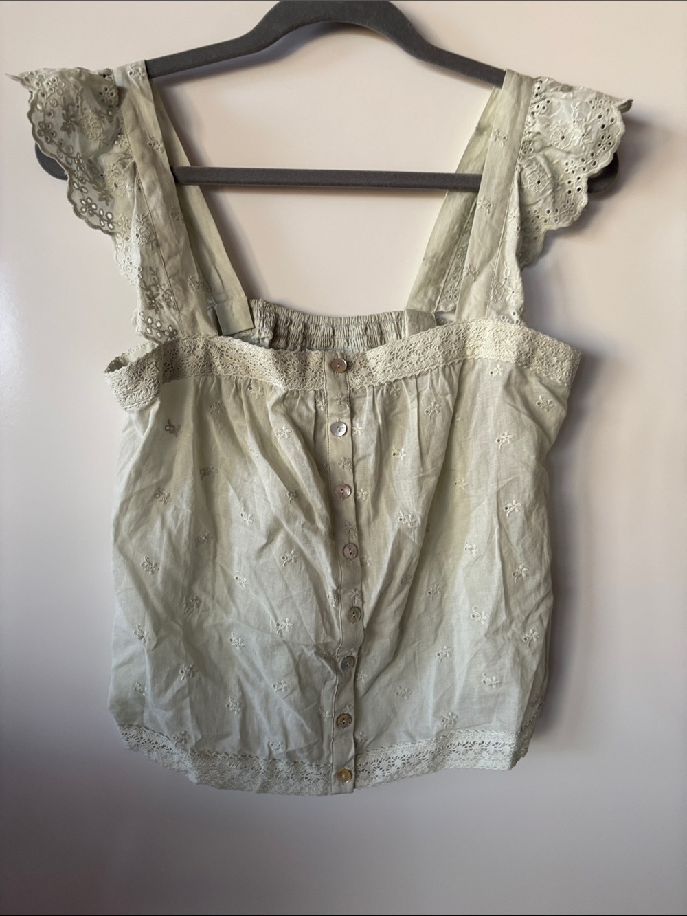 Hale Bob Light Sage Eyelet Lace-Trim Button Front Crop Top